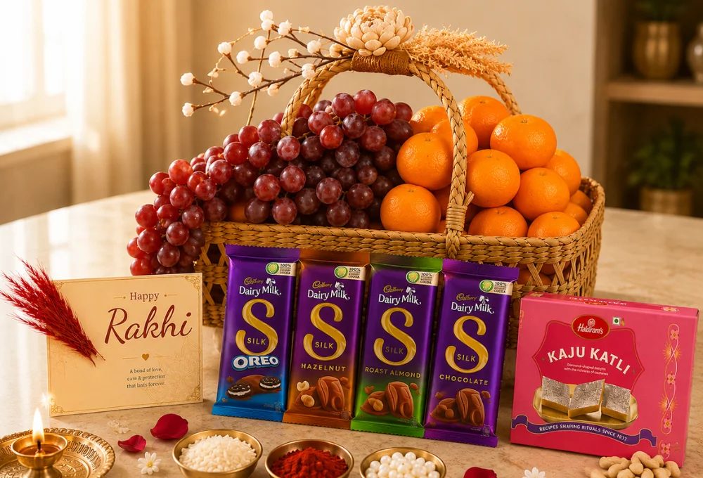 Royal Rakhi Citrus & Chocolate Hamper | Red Globe Grapes, Mandarins & Kaju Katli | ProFruits