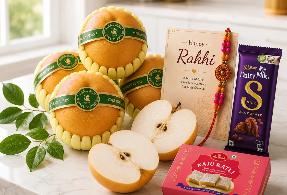 Royal Rakhi Korean Pear Gift Hamper | Korean Pear, Kaju Katli & Dairy Milk Silk | ProFruits