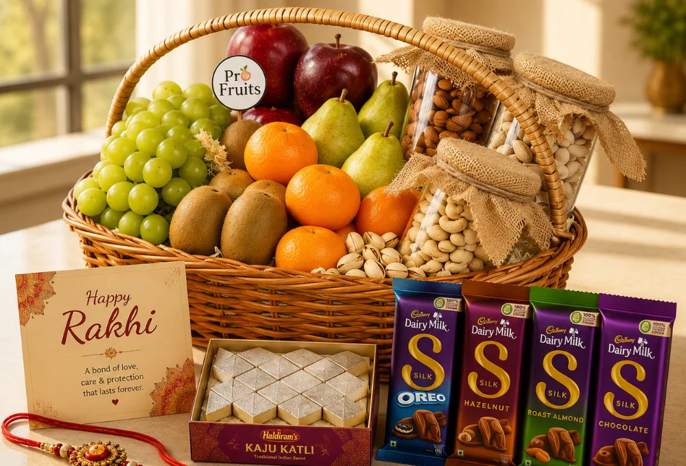 Royal Rakhi Grand Celebration Hamper | Premium Fruits, Nuts, Chocolates & Kaju Katli | ProFruits