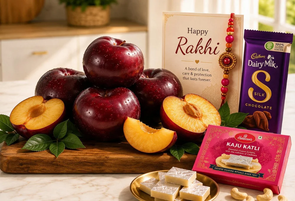 1 Kg Premium China Plum, 1 Cadbury Dairy Milk Silk Chocolate 144 gms and 200gms of Kaju katli