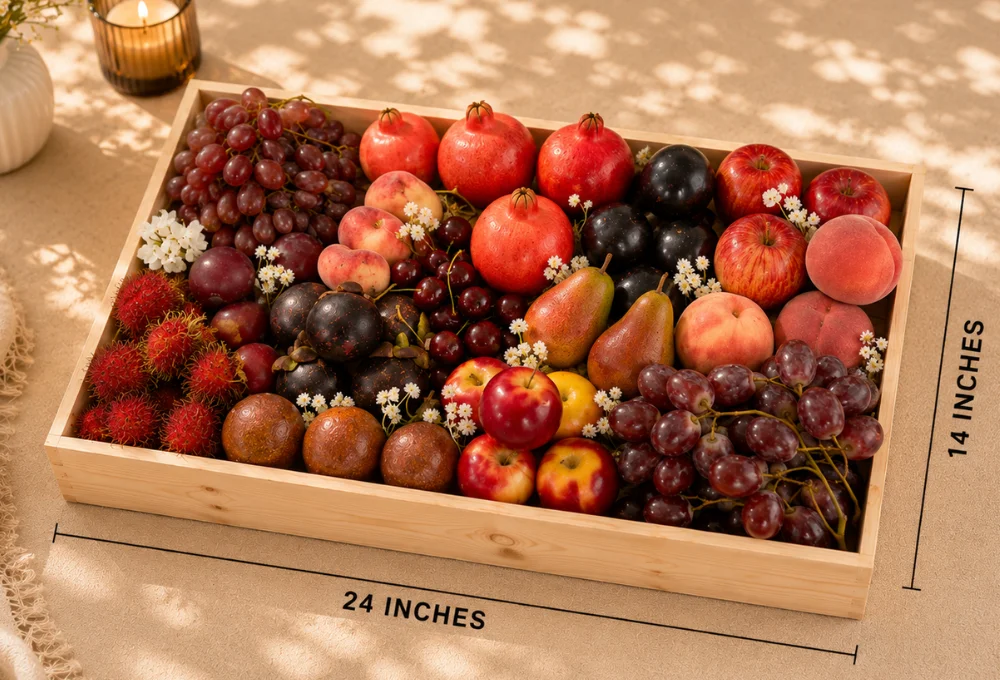 Red Seedless Grape, Donut Peach, Pomegranate, China Plum, Mini Apple, Rambutan, Mangosteen, Cherries, Red Beauty Pear, Spanish Peach, Rockit Apple, Red Globe Grape, and Passion Fruit.