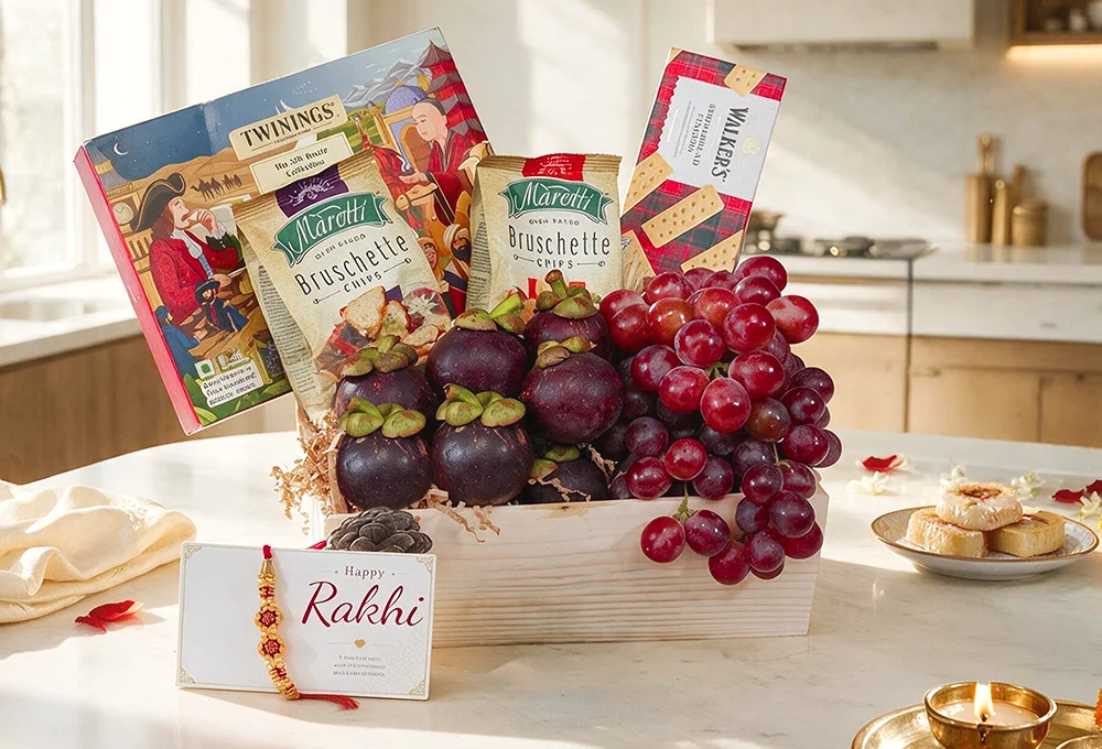 Premium Rakhi Mangosteen & Red Globe Grapes Gift Hamper with Twinings Tea | ProFruits