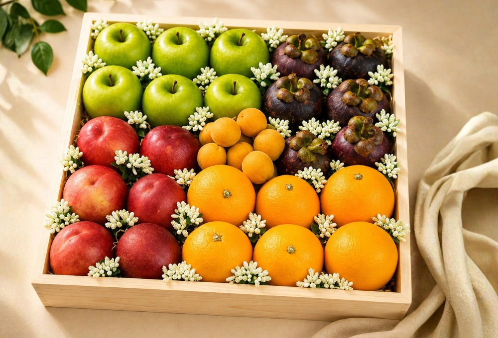 Green Apples, Premium Mangosteens, Fresh Oranges, Nectarines & Ladakh Apricots in an Elegant Wooden Fruit Tray