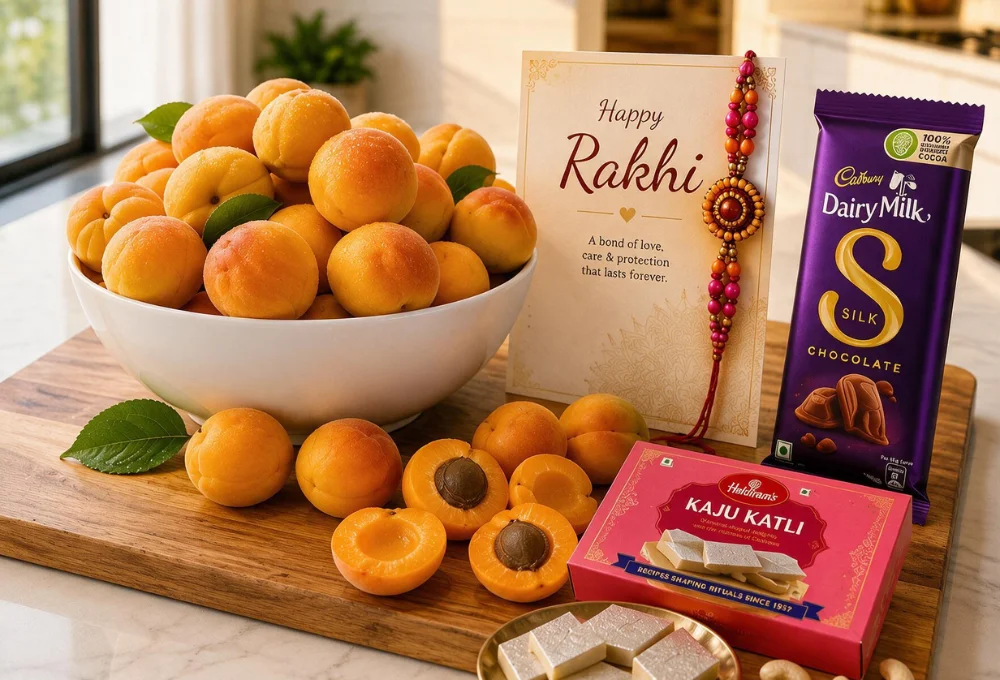 1/2 Kg Premium Ladakh Apricots, 1 Cadbury Dairy Milk Silk Chocolate 144 gms and 200gms of Kaju katli and Rakhi