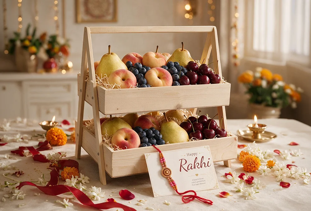 Spain Donut Peaches, Vermont Green Pears, Fresh Canadian Cherries & Premium Blueberries with Decorative Rakhi & Raksha Bandhan Greeting Card in a Premium Two-Tier Wooden Tray