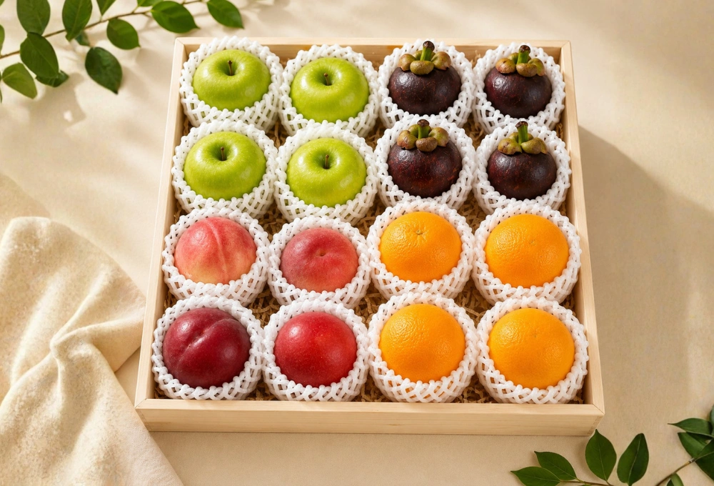 Green Apples, Mangosteens, Nectarines, & Fresh Oranges in a Premium Wooden Tray