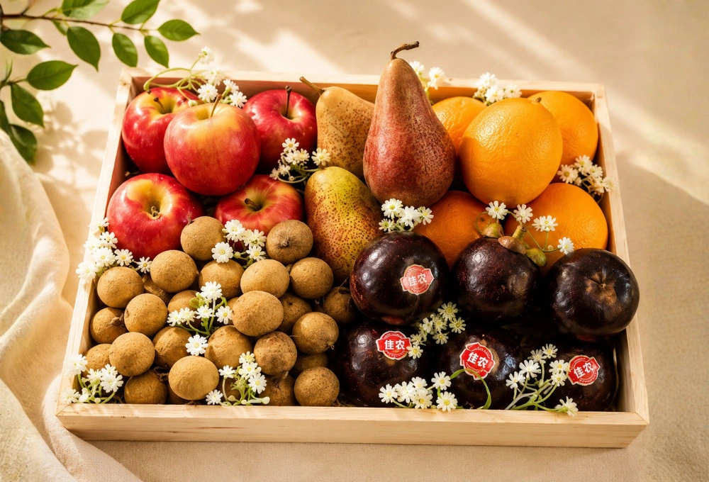 Fresh Rockit Apples, Premium Red Beauty Pears, Fresh Oranges, China Plum & Sweet Longan in an Elegant Wooden Fruit Tray