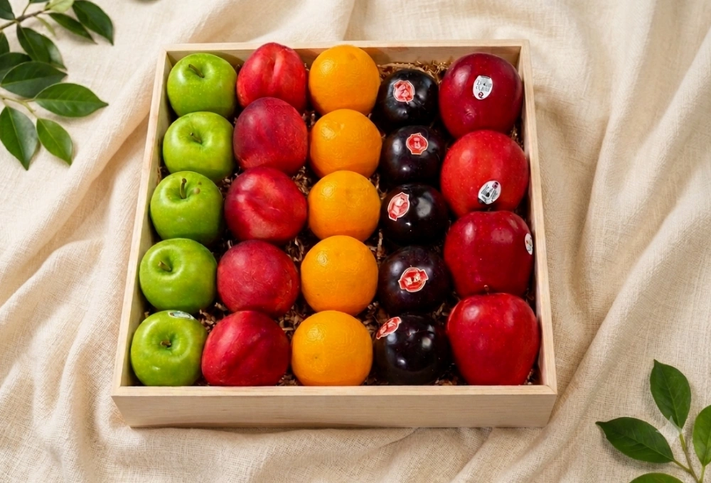 Green Apples, Washington Apples, Nectarine, China Plums & Valencia Oranges in a Premium Wooden Tray