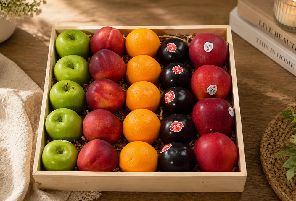 Green Apples, Washington Apples, Nectarine, China Plums & Valencia Oranges in a Premium Wooden Tray