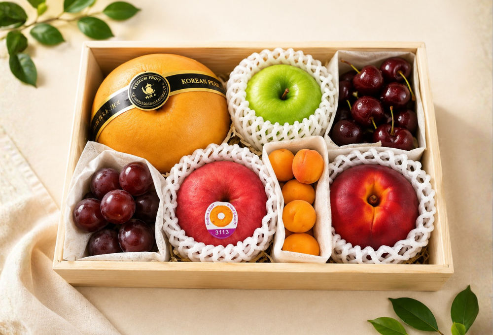 Premium Korean Pear, Green Apple, Cherries, Juicy red grapes, USA Donut Peach, Fresh Apricots, Nectarine in an Elegant Wooden Gift Box