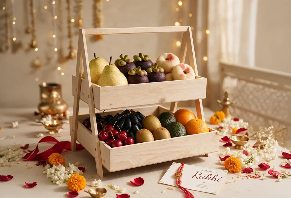Spain Donut Peach, Mangosteen, Green Vermont Pear, South Africa Orange, Hass Avocado, Golden Kiwi, Canadian cherries and Moon Drop Grapes in dual handle wooden tray.
