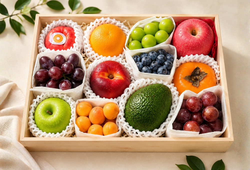 Buy a premium exotic fruit hamper beautifully arranged in a wooden gift box. A fresh, elegant and wholesome gift perfect for celebrations, corporate gifting and special occasions.