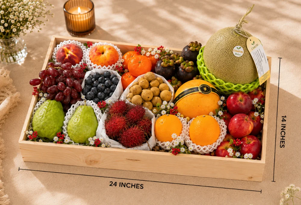 Chia Thai, Mangosteen, Mandarin Orange, Yellow Nectarine, Red Seedless Grape, Blueberry, Longan, Korean Pear, Rockit Apple, Valencia Orange, Rambutan, and Red Guava.