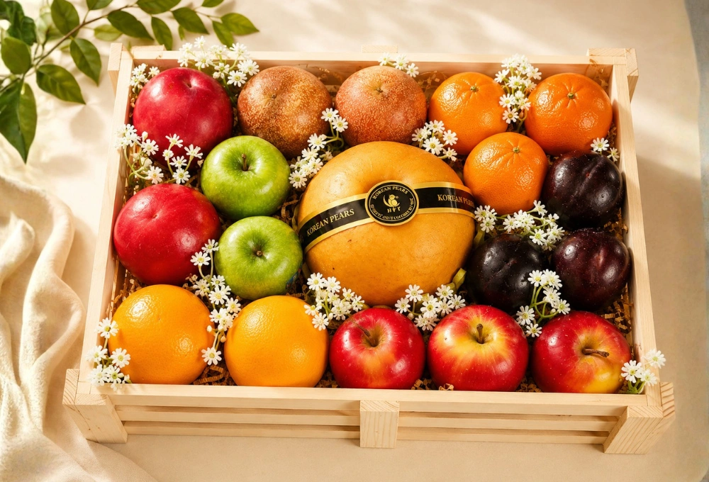 Premium Korean Pear, Rockit Apples, Green Apples, China Plums, Oranges, Passion Fruits, Mandarins & Nectarines in an Elegant Wooden Fruit Tray