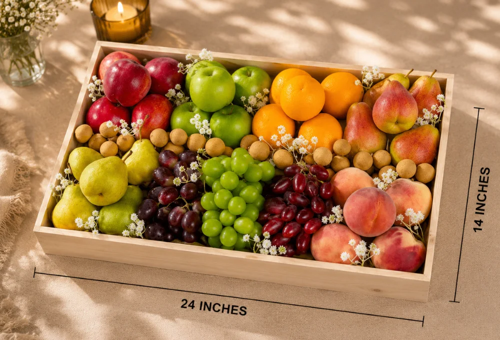 Washington Apple, Green Apple, Valencia Orange, Red Beauty Pear, Green Vermont Pear, Red Globe Grape, Green Muscat Grape, Red Seedless Grape, Spanish Peach, and Longan in a Premium Wooden Tray.