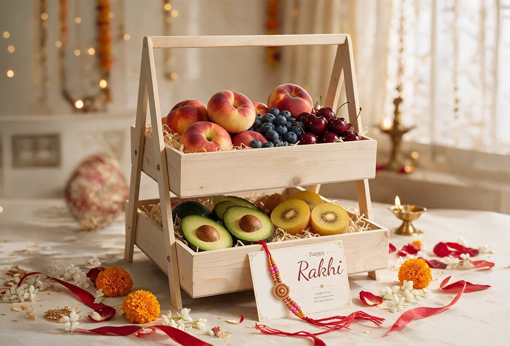 Spain Donut Peach, Premium Blueberries, Canadian Cherries, Hass Avocados, Golden Kiwi with Decorative Rakhi & Raksha Bandhan Greeting Card in a Premium Two-Tier Wooden Tray