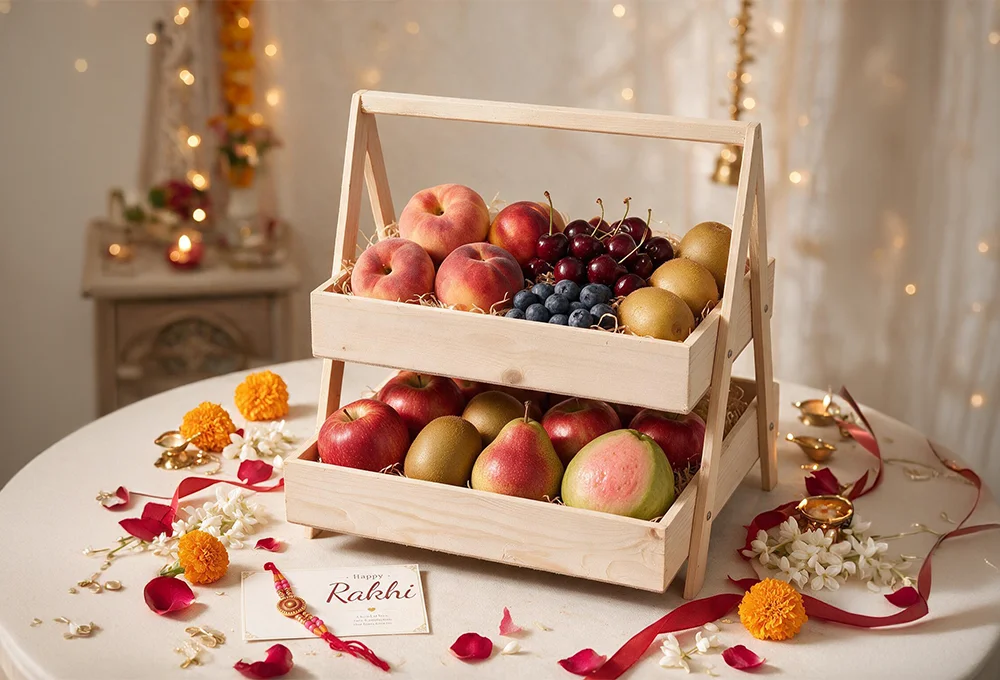 Spain Donut Peach, Canadian Cherries, Blueberries, Golden Kiwi, Himachal Apple, Green Kiwi, Red beauty pear and Pink Guava in dual handle wooden tray.