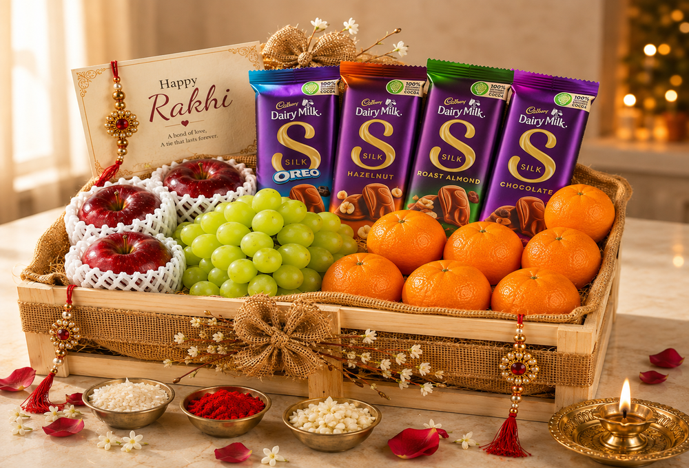 Premium Apple, Green Grapes, Mandarin Orange & Cadbury Silk Raksha Bandhan Gift Hamper