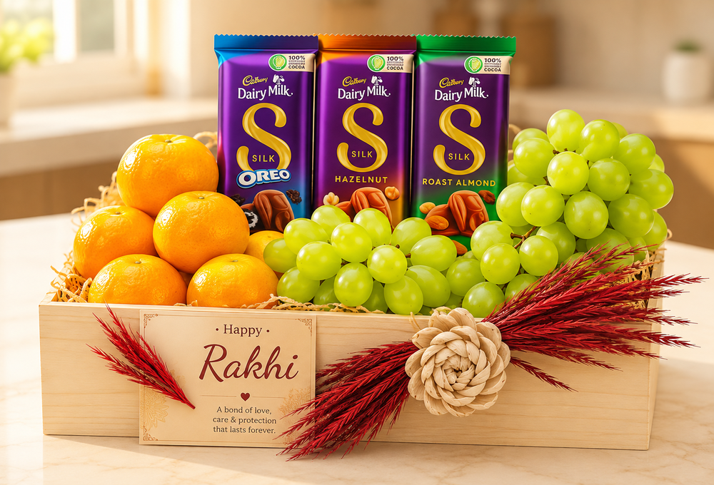 Premium Mandarin Orange, Green Grapes & Cadbury Silk Raksha Bandhan Gift Hamper