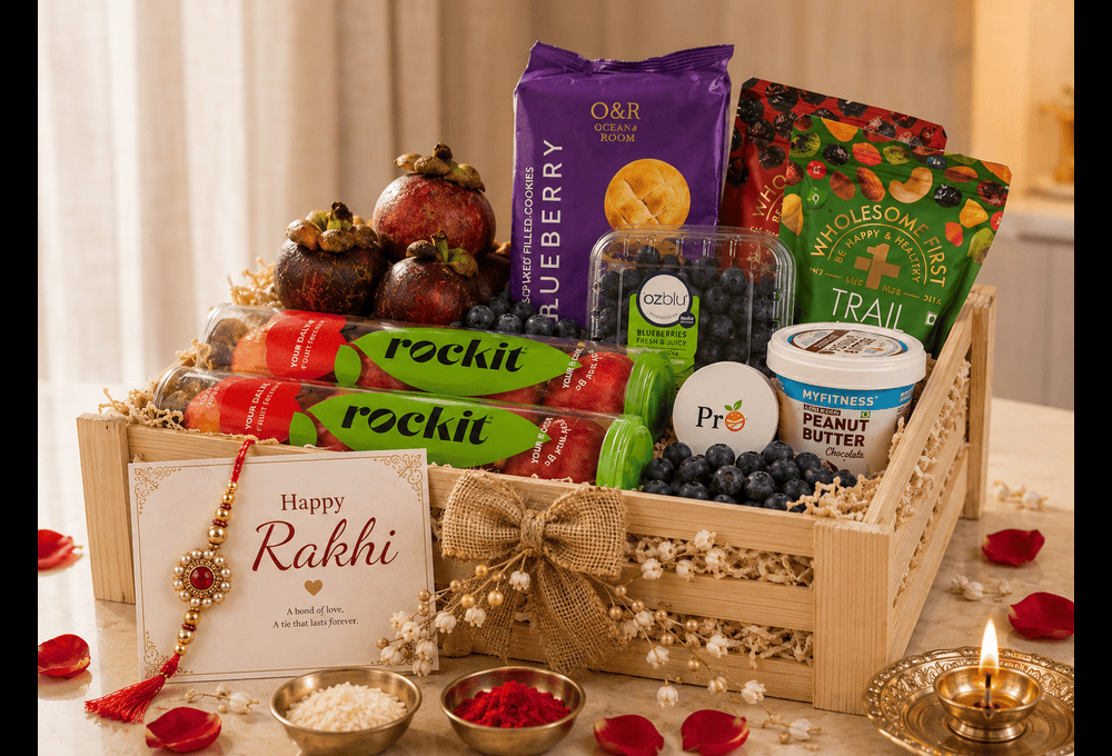Premium Apple, Mangosteen, Blueberry & Healthy Snacks Raksha Bandhan Gift Hamper