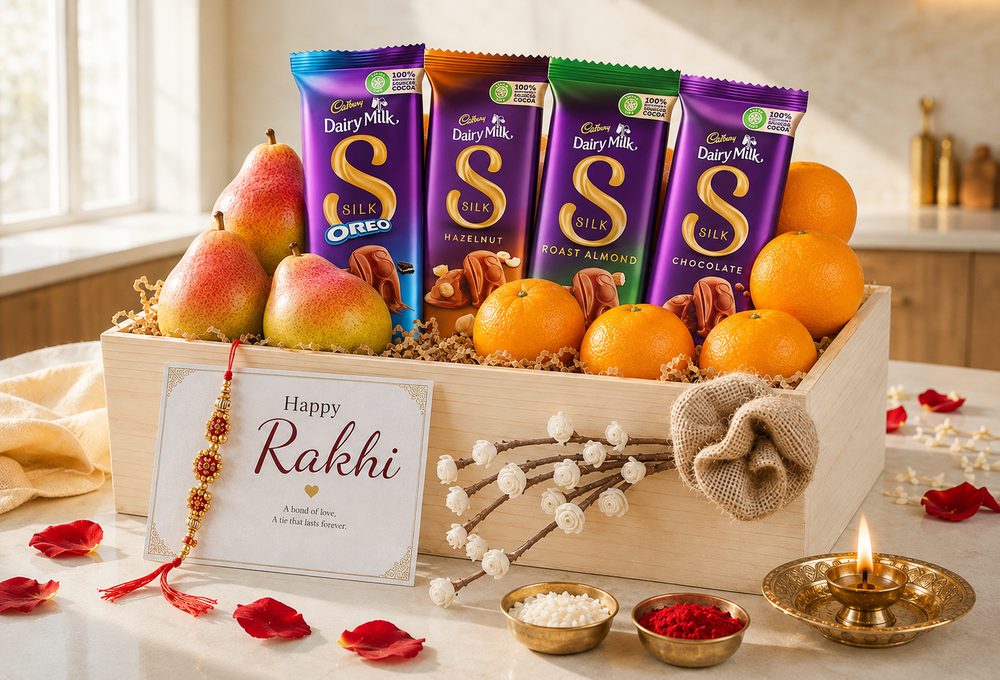 Premium Pear, Mandarin Orange & Cadbury Silk Raksha Bandhan Gift Hamper
