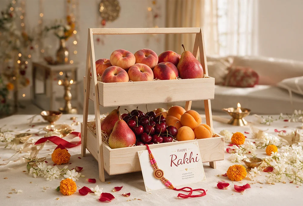 Spain Donut Peach, Spain Nectrine, Red Beauty Pear, Canadian Cherries, Moon Drop Grapes, Fresh Apricots in dual handle wooden tray.