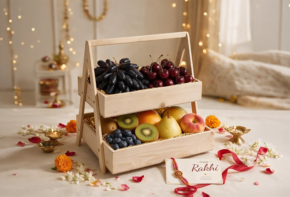 Moon Drop Grapes, Canadian Cherries, Premium Blueberries, Fresh Green Kiwi, Vermont Green Pears, Valencia Oranges & Spain Donut Peaches with Decorative Rakhi & Raksha Bandhan Greeting Card in a Premium Two-Tier Wooden Tray