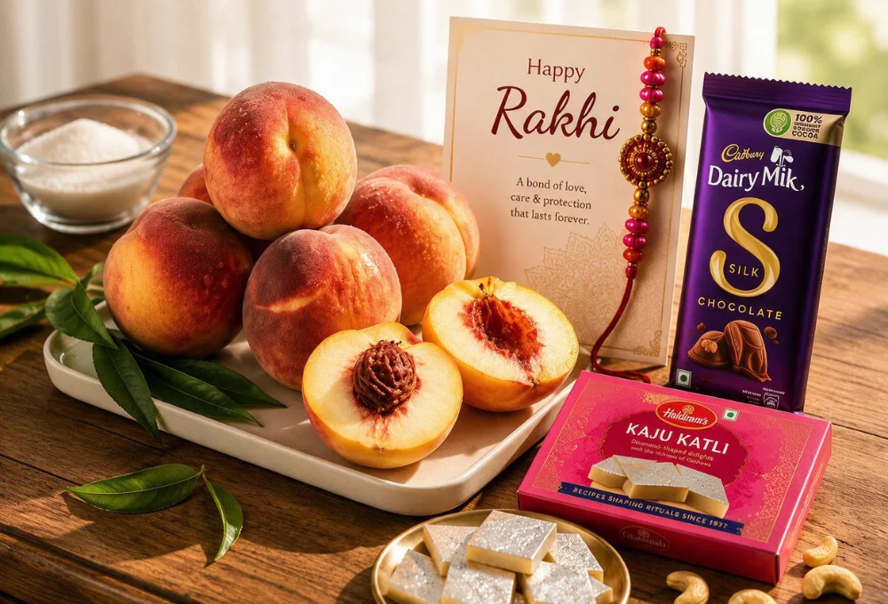 1/2 Kg Spanish Peaches, 1 Cadbury Dairy Milk Silk Chocolate 144 gms and 200gms of Kaju katli