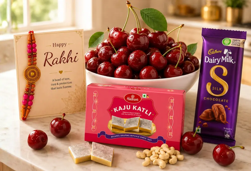 USA Cherries, Chocolate & Kaju Katli Rakhi Gift Hamper