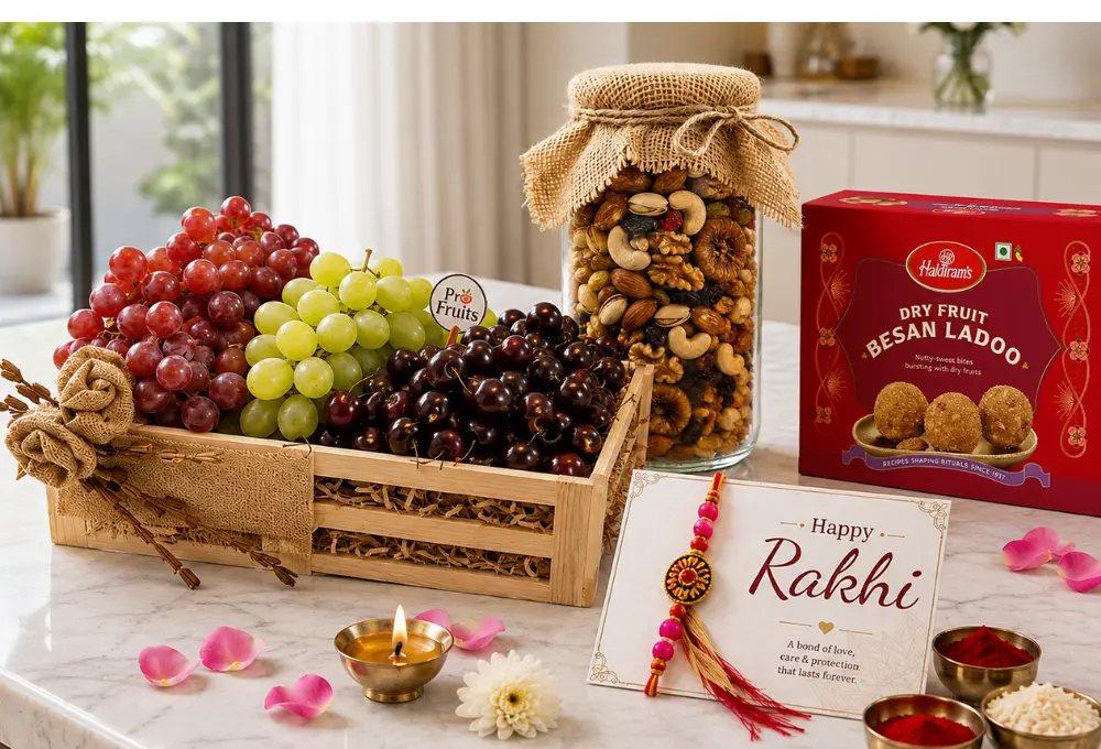 USA Cherries, Red Grapes, Green Grapes & Besan Ladoo Raksha Bandhan Hamper