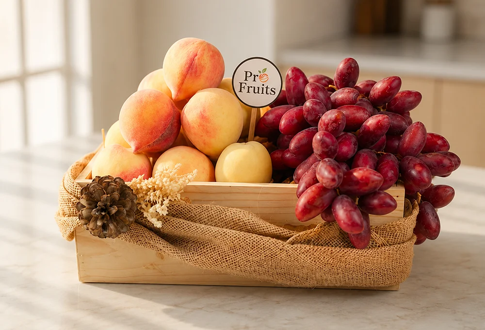 1 kg nainital peach and 1 kg red dates in a wooden tray