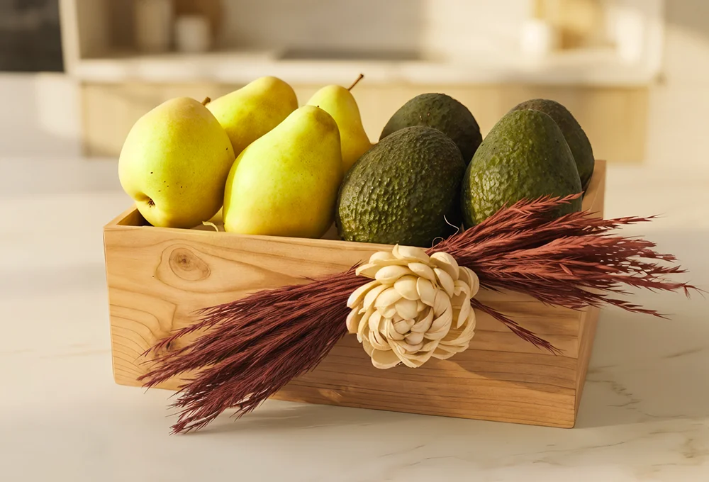 500 Gms of Green Pear and 500 gms of Hass Avocado in a wooden tray