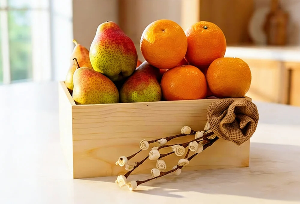 500 gms of Mandrian Orange and 500 Gms of Red Beauty Pear in a wooden tray