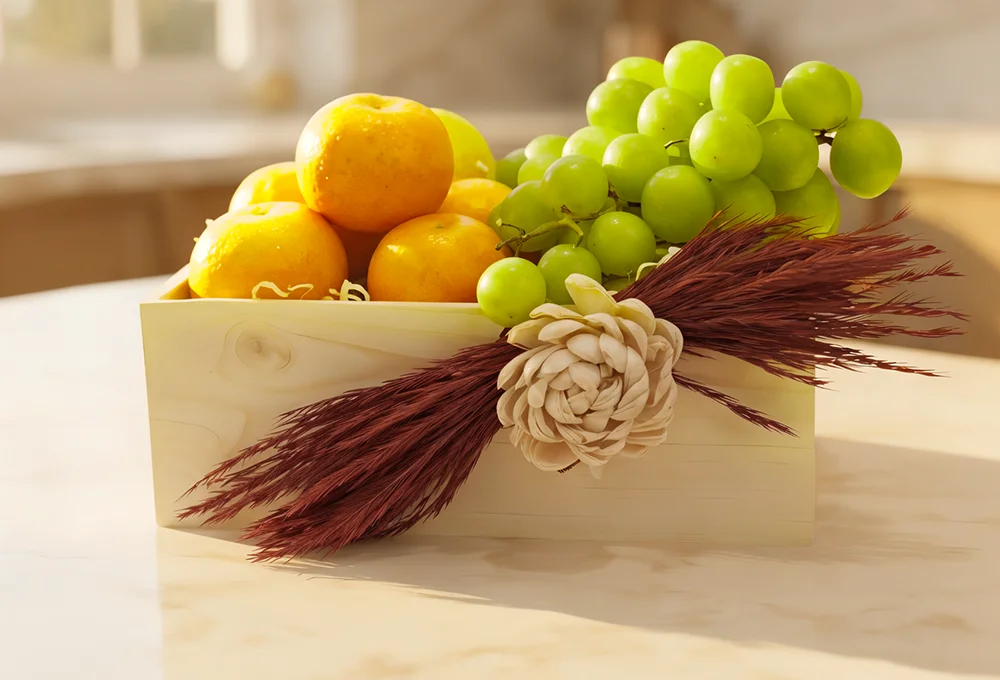 500 Gms of mandrian orange and 500 gms of green muscut grapes in a wooden tray