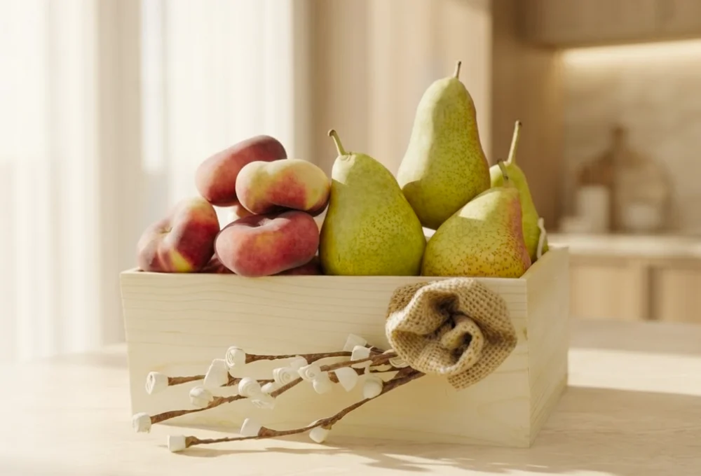 500 Gms donut peach and 500 Gms red beauty pear in a wooden tray