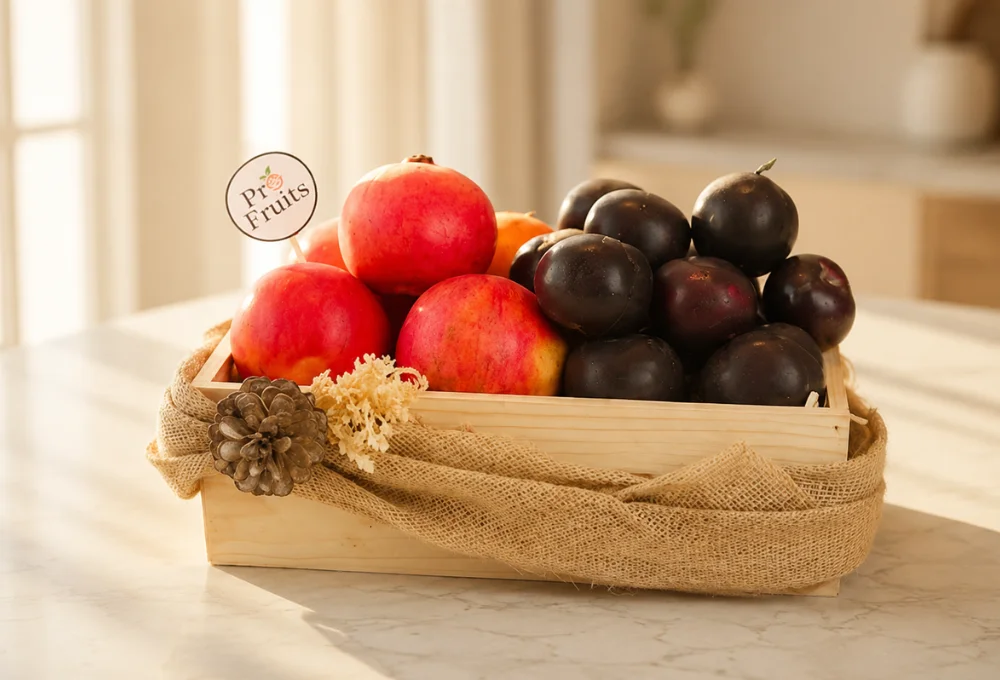 1 kg pomegranate and 1 kg black plum in a wooden tray
