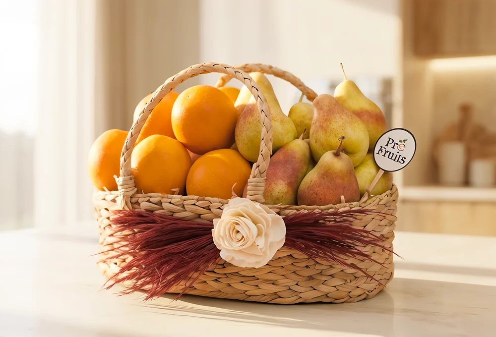1 kg of Valencia Orange and 1 kg of Red Beauty Pear in a Basket