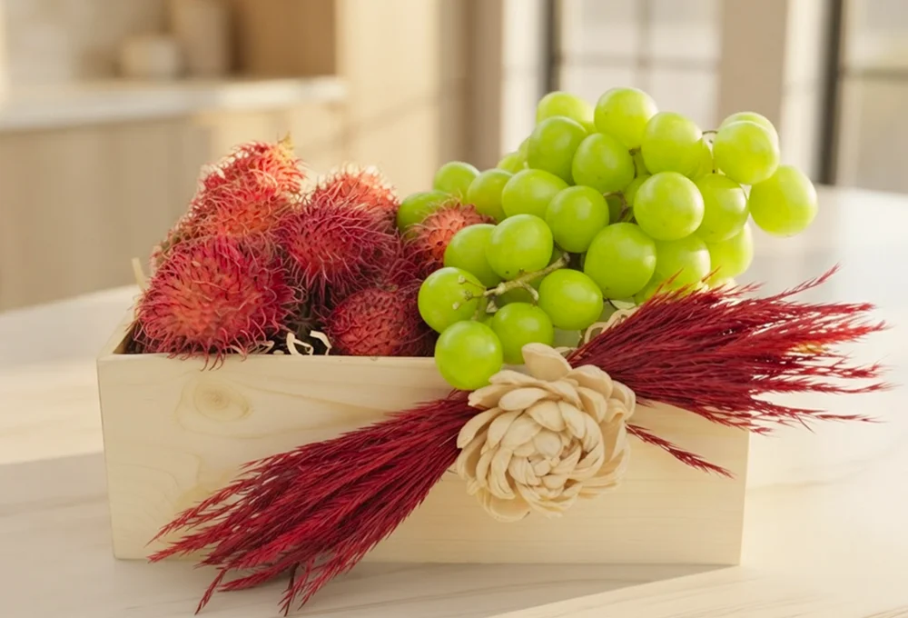 500 Gms of rambutan and 500 gms of green muscut grapes in a wooden tray