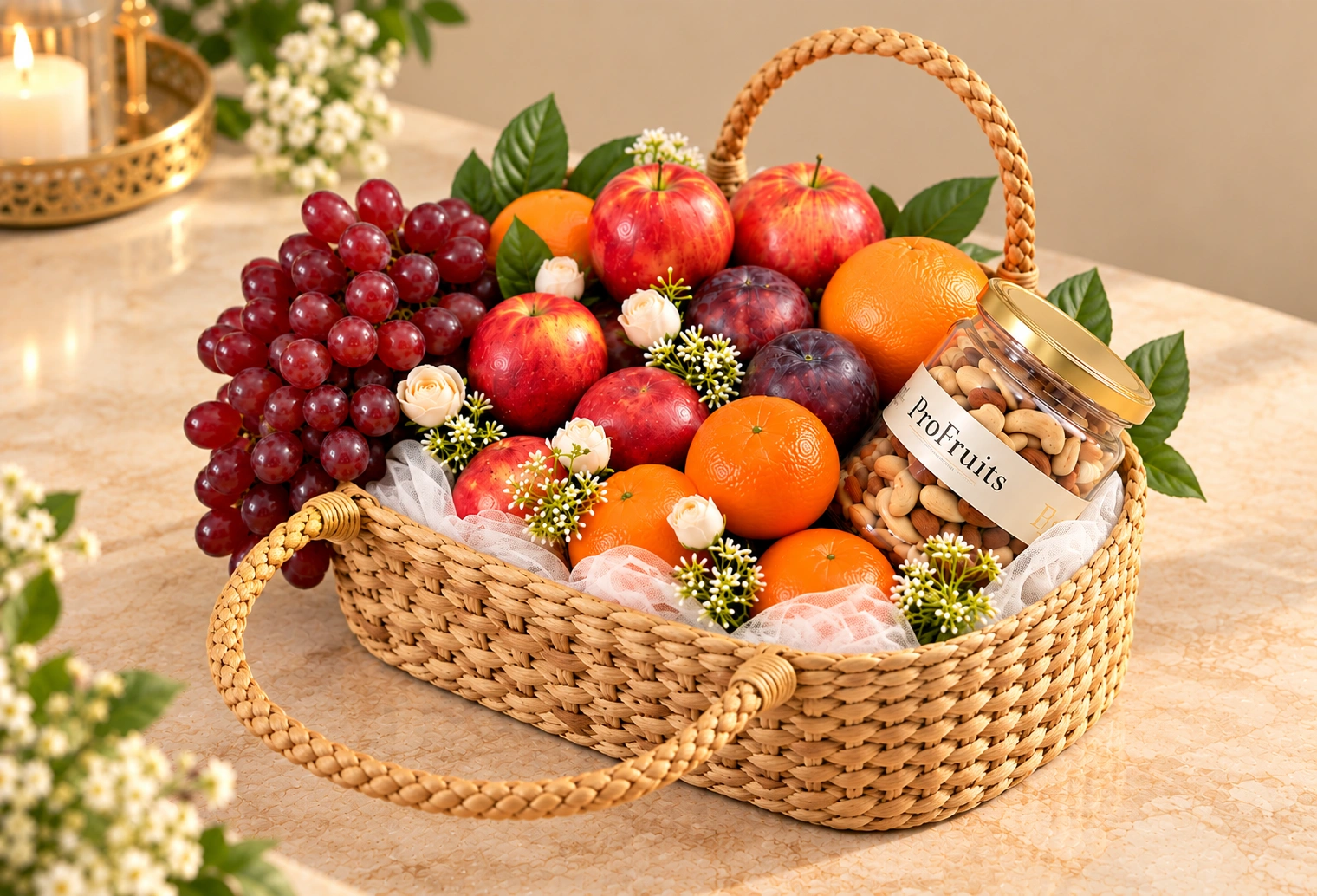 Premium ProFruits fruit and dry fruit hamper in a handcrafted wicker basket