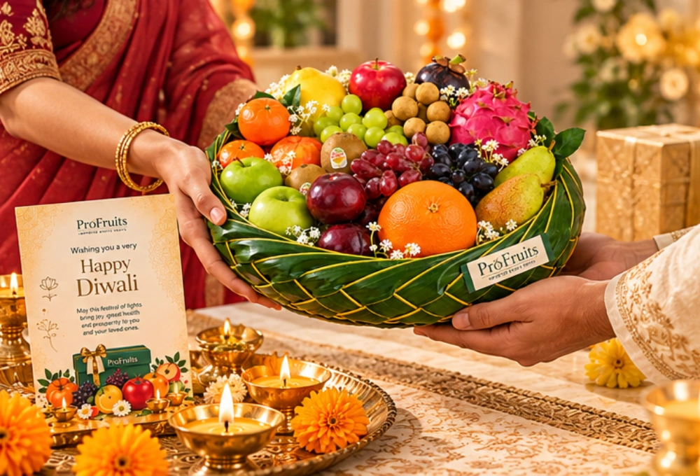 Premium leaf basket filled with exotic fruits including Black Grapes, Dragon Fruit, Egyptian Mangoes, Golden Kiwi, Mangosteen, Apples, Pears and a Diwali greeting card