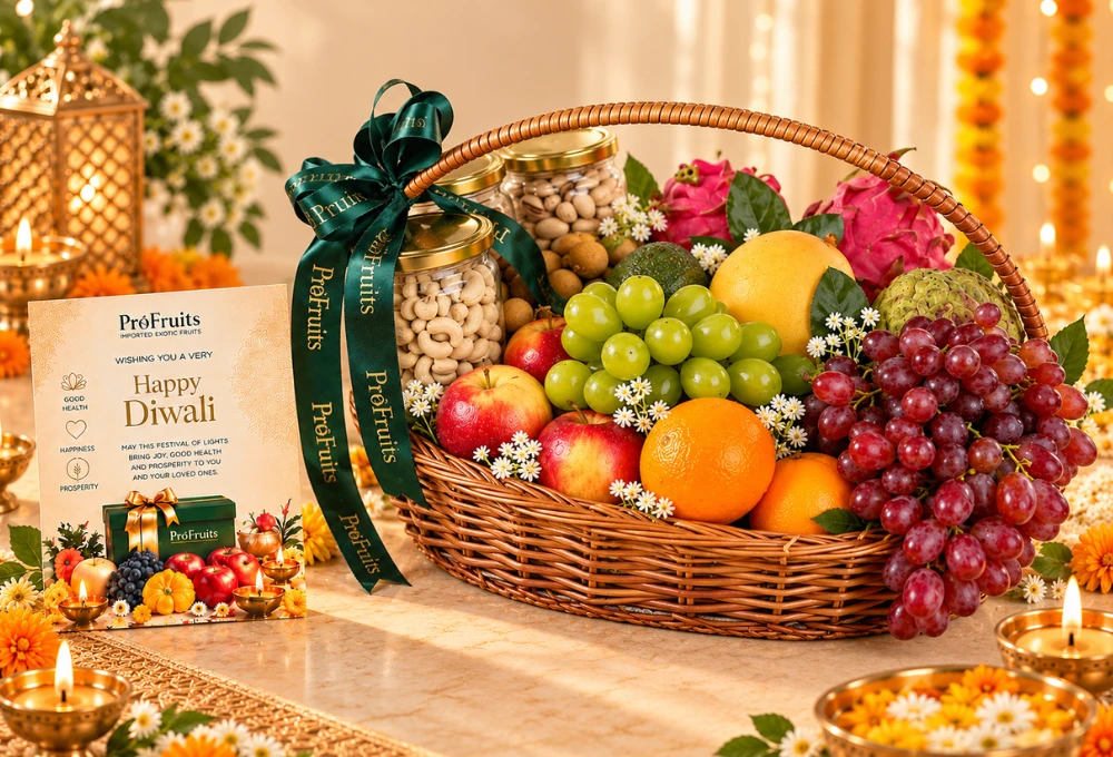 Premium Diwali hamper, Diwali fruit basket, Diwali dry fruit hamper, exotic fruit gift basket, handcrafted wicker basket, Egyptian mangoes, Dragon Fruit, Hass Avocado, Red Seedless Grapes, Green Muscat Grapes, premium cashew pistachio almond gift, luxury Diwali gifts