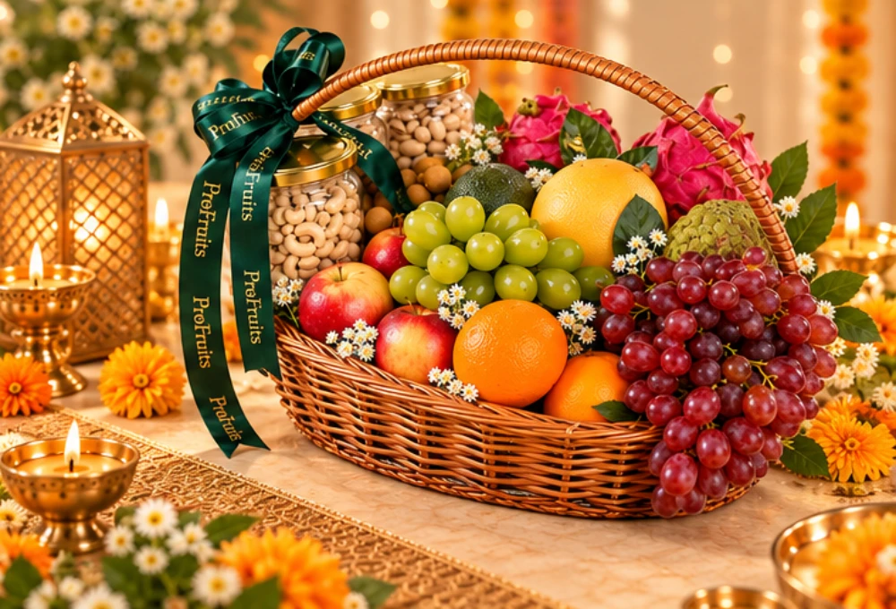 Premium Diwali hamper, Diwali fruit basket, Diwali dry fruit hamper, exotic fruit gift basket, handcrafted wicker basket, Egyptian mangoes, Dragon Fruit, Hass Avocado, Red Seedless Grapes, Green Muscat Grapes, premium cashew pistachio almond gift, luxury Diwali gifts