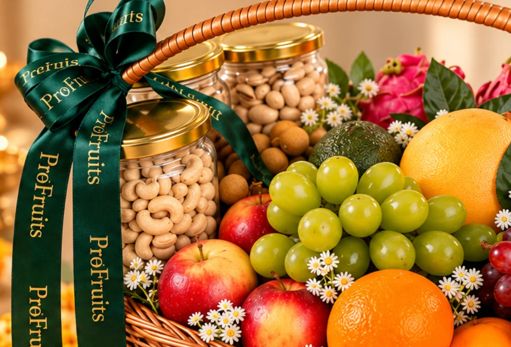 Premium Diwali hamper, Diwali fruit basket, Diwali dry fruit hamper, exotic fruit gift basket, handcrafted wicker basket, Egyptian mangoes, Dragon Fruit, Hass Avocado, Red Seedless Grapes, Green Muscat Grapes, premium cashew pistachio almond gift, luxury Diwali gifts