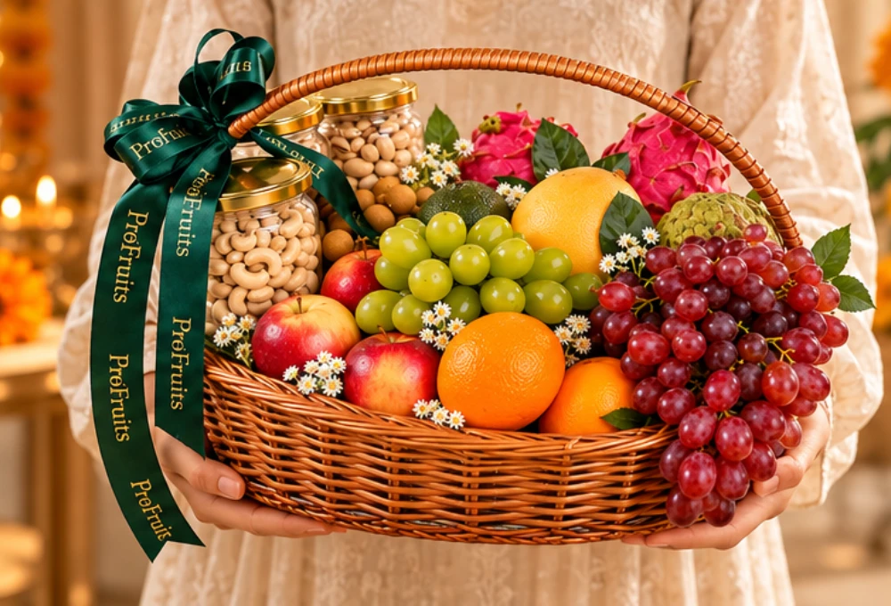 Premium Diwali hamper, Diwali fruit basket, Diwali dry fruit hamper, exotic fruit gift basket, handcrafted wicker basket, Egyptian mangoes, Dragon Fruit, Hass Avocado, Red Seedless Grapes, Green Muscat Grapes, premium cashew pistachio almond gift, luxury Diwali gifts