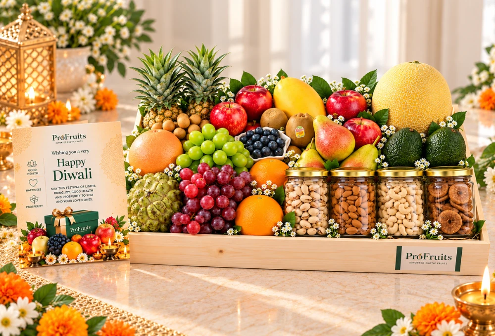 Premium Diwali Wooden Tray with Exotic Fruits & Dry Fruits