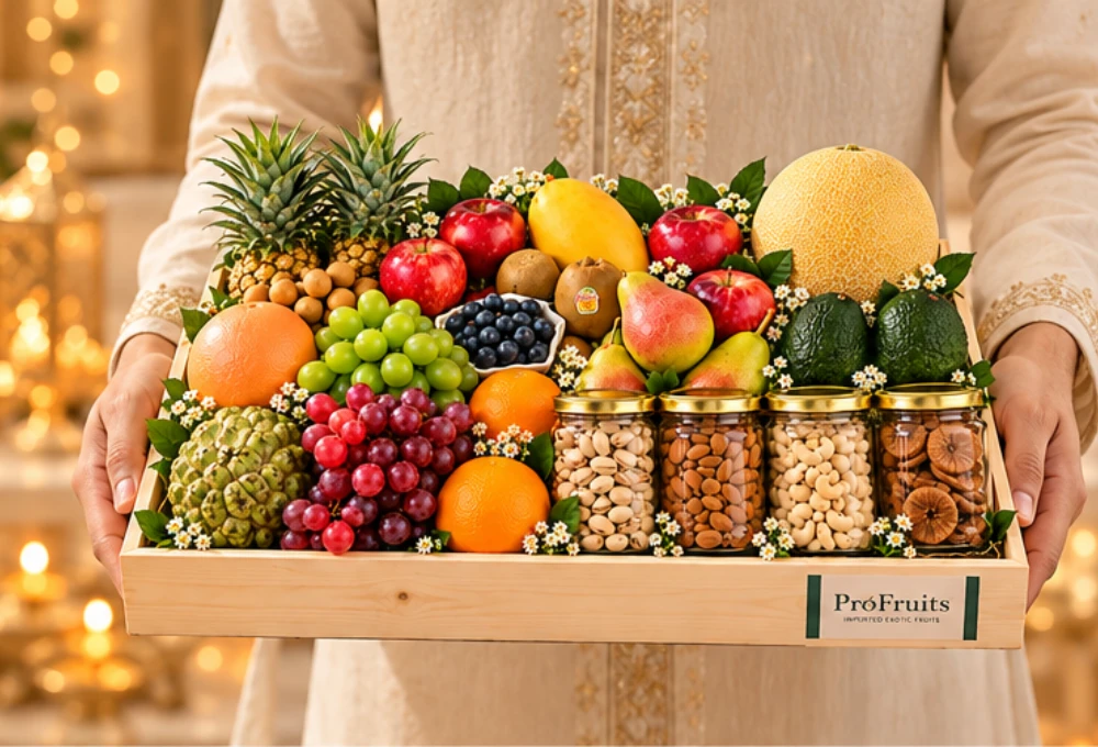 Premium Diwali Wooden Tray with Exotic Fruits & Dry Fruits