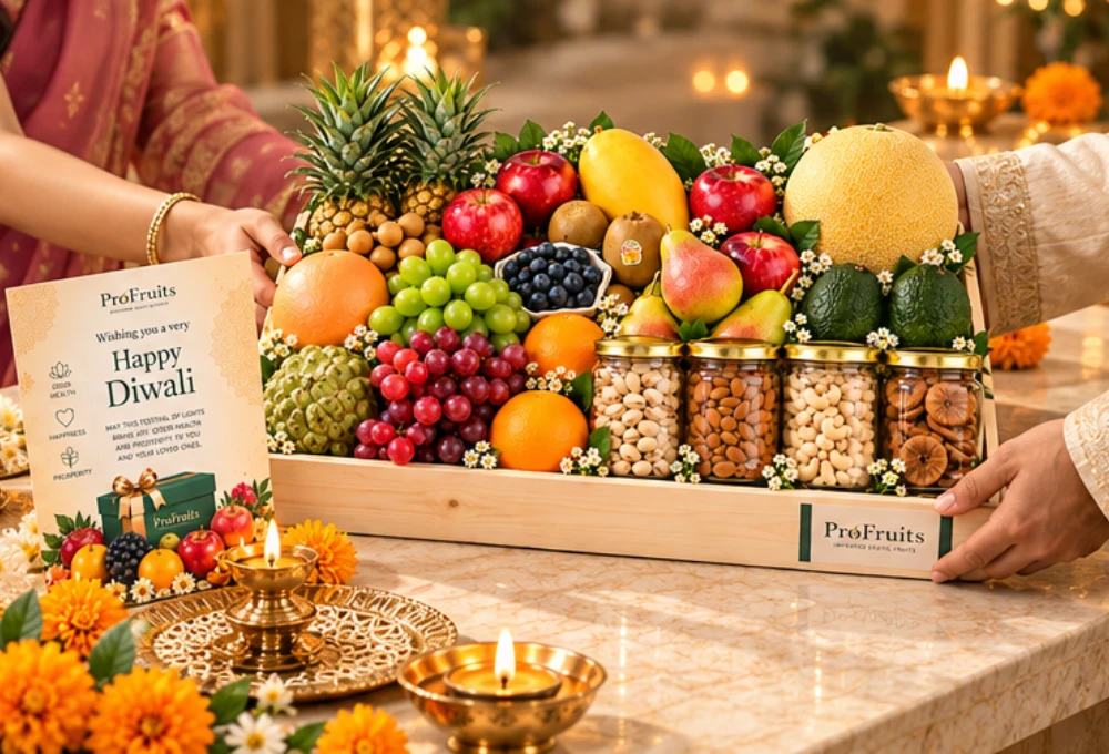 Premium Diwali Wooden Tray with Exotic Fruits & Dry Fruits