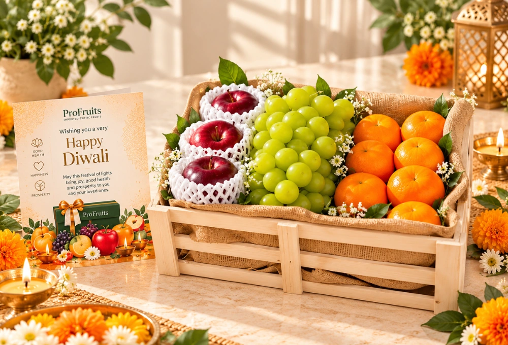Kinnaur Apples, Shine Muscat Grapes & Mandarins in a Handcrafted Wooden Tray