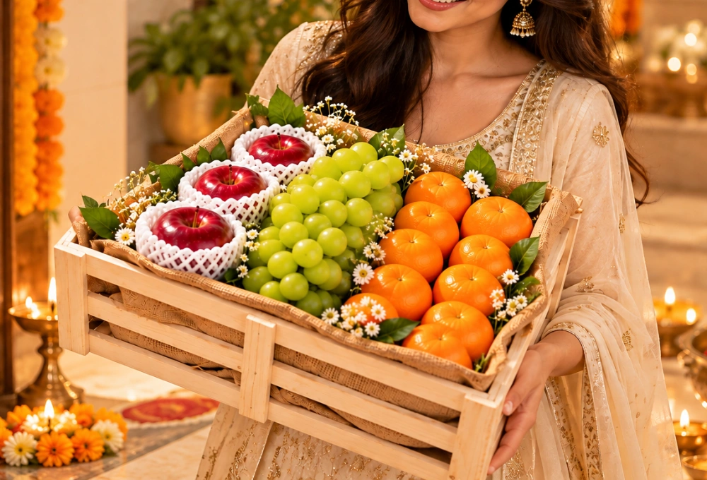 Kinnaur Apples, Shine Muscat Grapes & Mandarins in a Handcrafted Wooden Tray