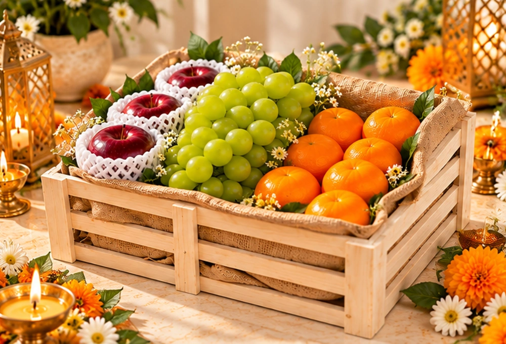 Kinnaur Apples, Shine Muscat Grapes & Mandarins in a Handcrafted Wooden Tray